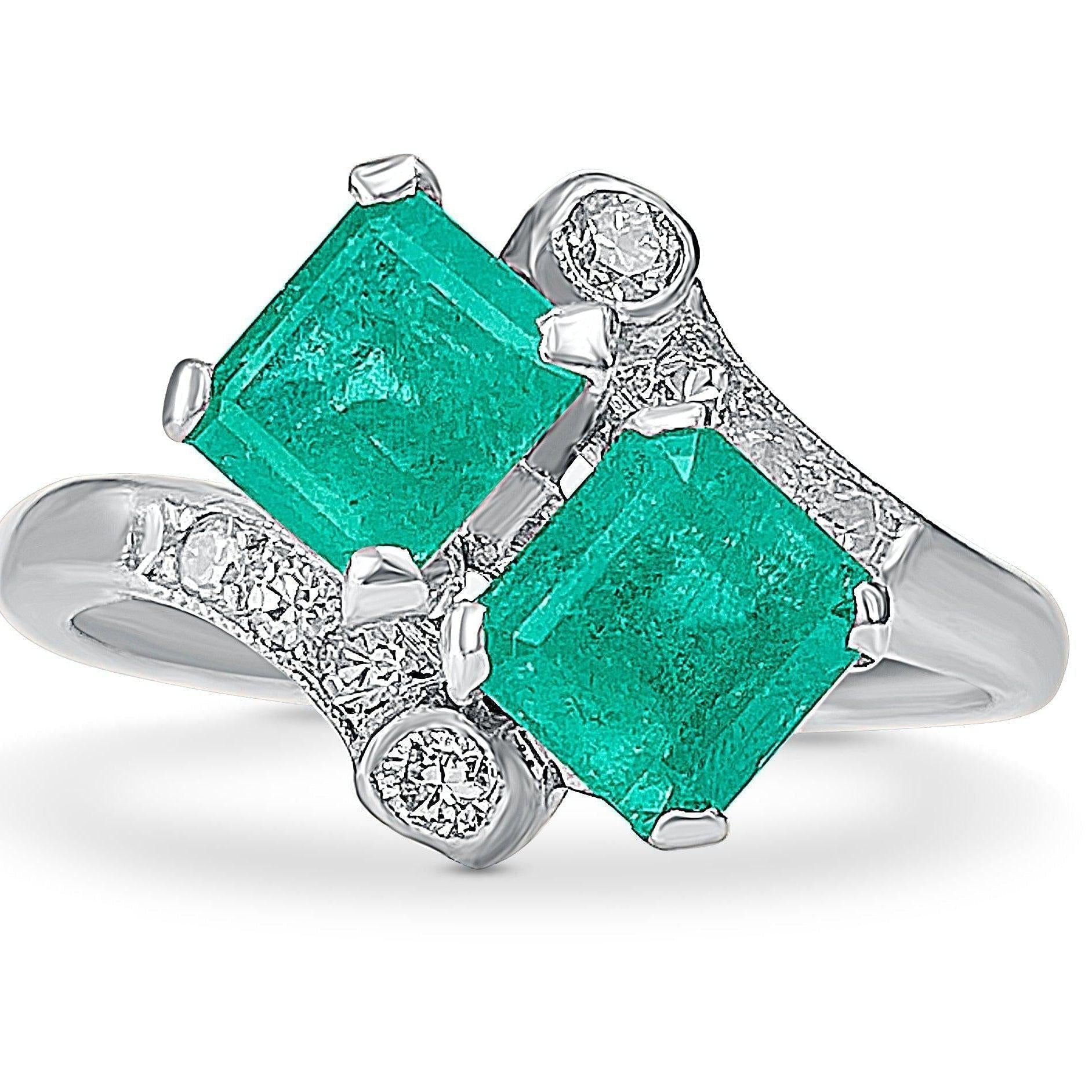 Antique Art Deco Two Stone Natural Emerald Platinum Ring - ASSAY