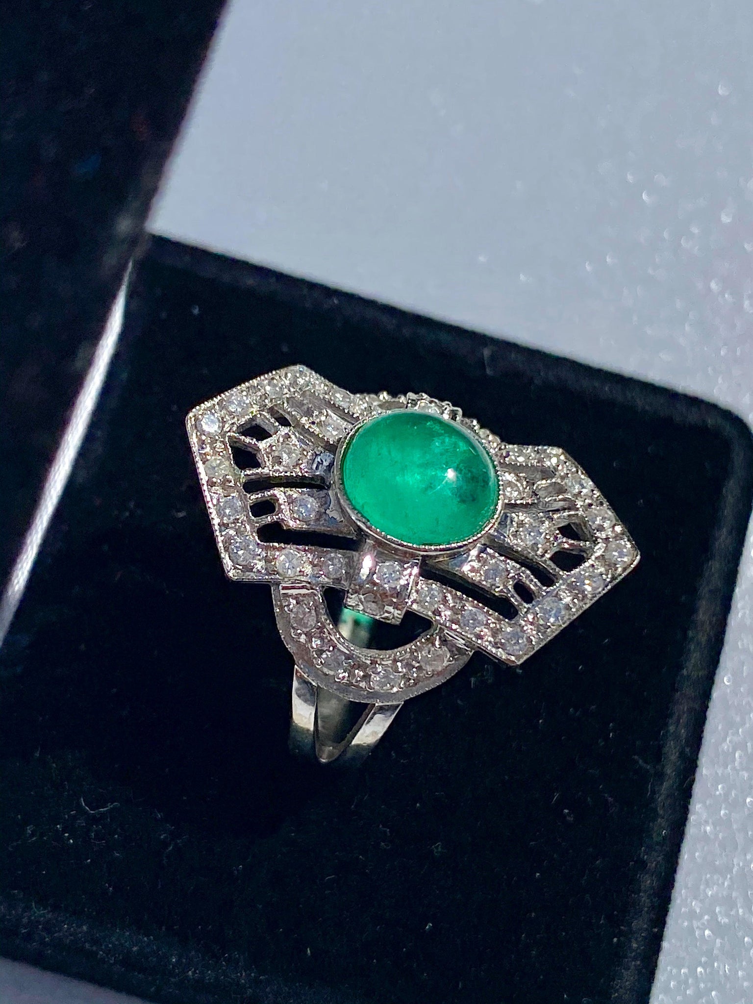 Cabochon Cut Natural Emerald Ring in Art Deco inspired Vintage White Gold Setting - ASSAY