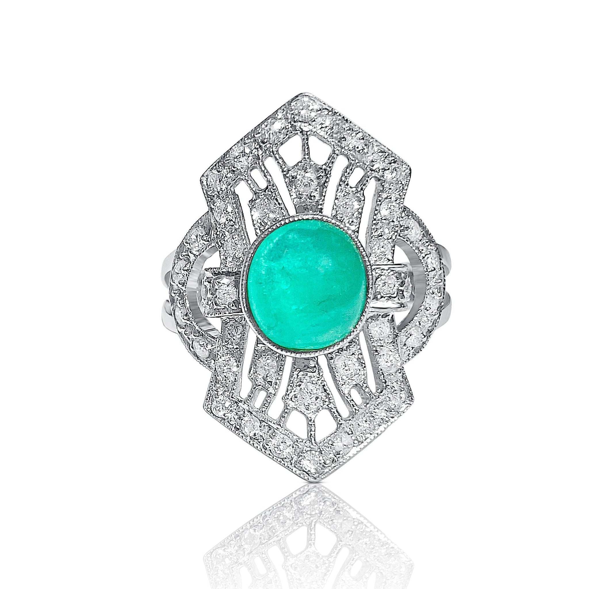 Cabochon Cut Natural Emerald Ring in Art Deco inspired Vintage White Gold Setting - ASSAY