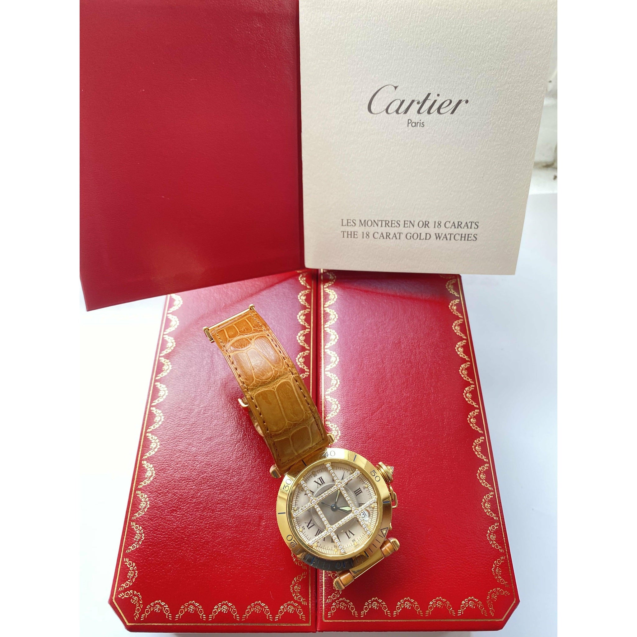 Cartier 36mm Pasha Men's Watch with Diamond Cage and Brown Leather Strap-Watches-ASSAY