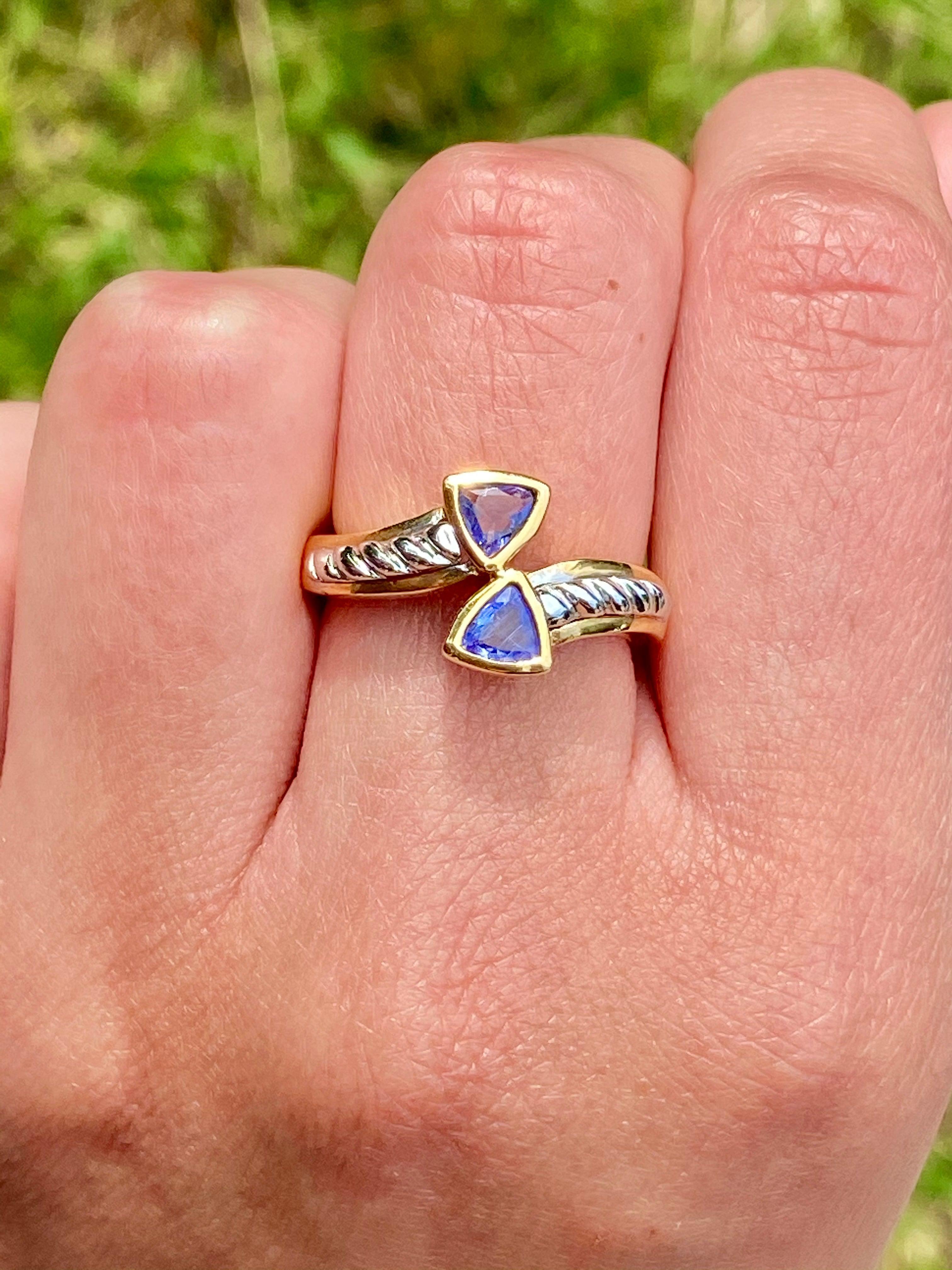 Curved Triangle Cut Tanzanite Ring in 14k Yellow and White Gold - ASSAY