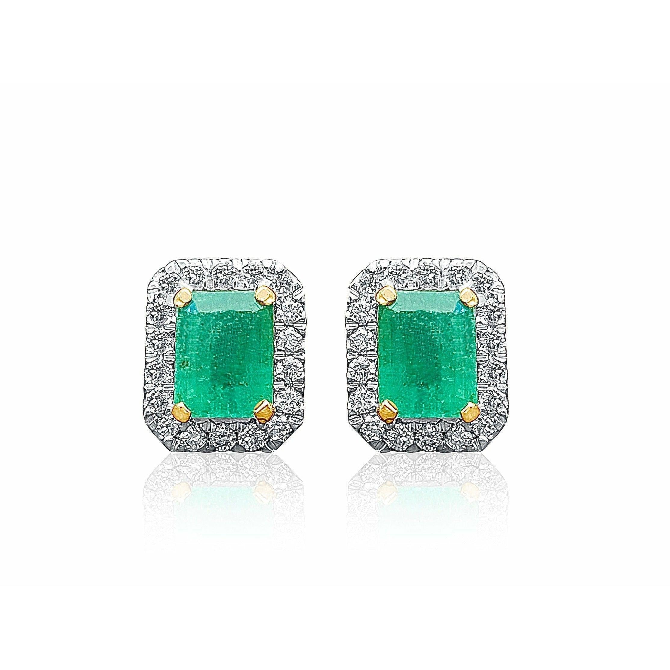 Emerald Cut Colombian Emerald Stud Earrings in 18k white and yellow gold - ASSAY
