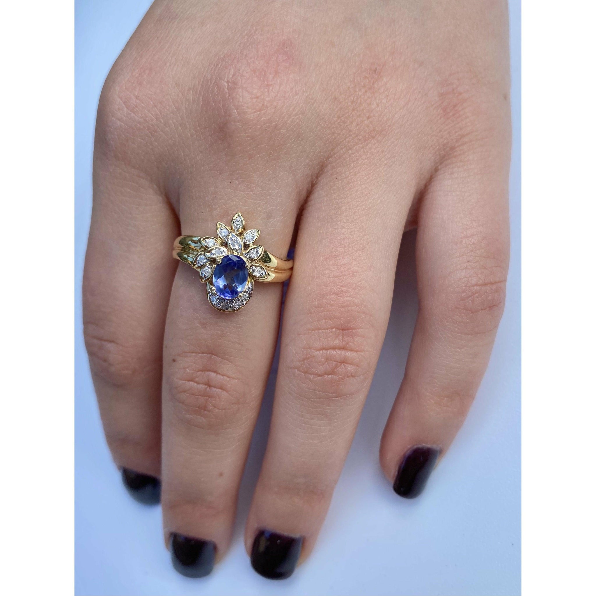 Floral Style Blue Dominant Tanzanite Ring in 14k Yellow Gold and Diamond Ring - ASSAY