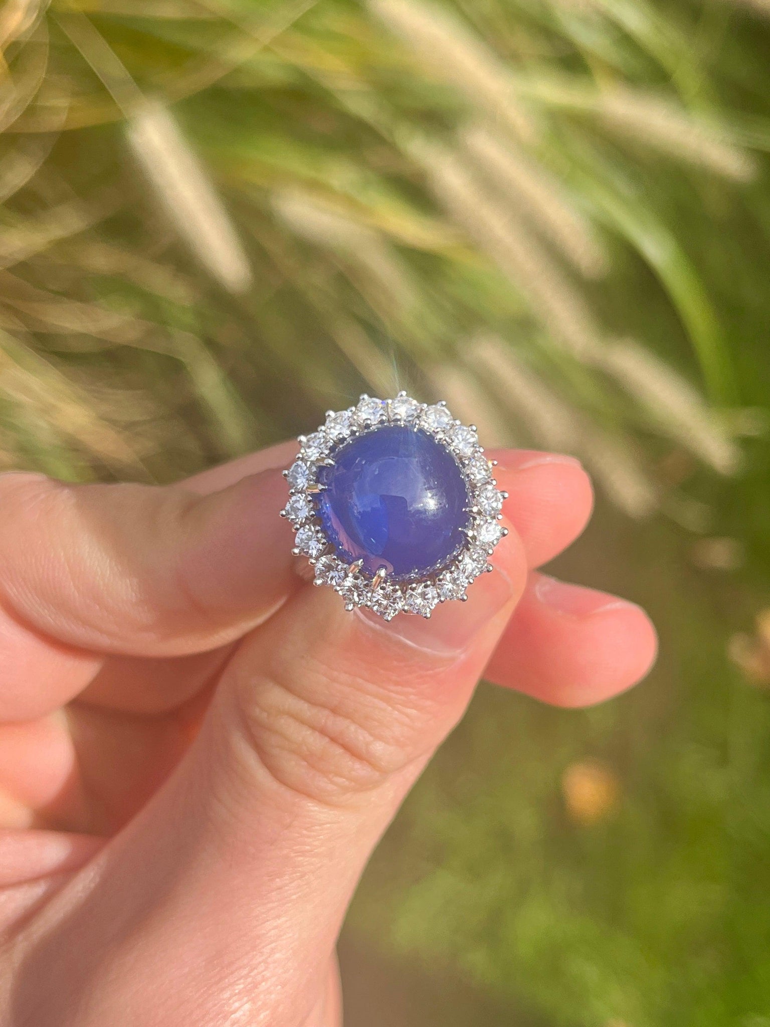 Cabochon Sapphire Ring - Blue Sapphire and Platinum