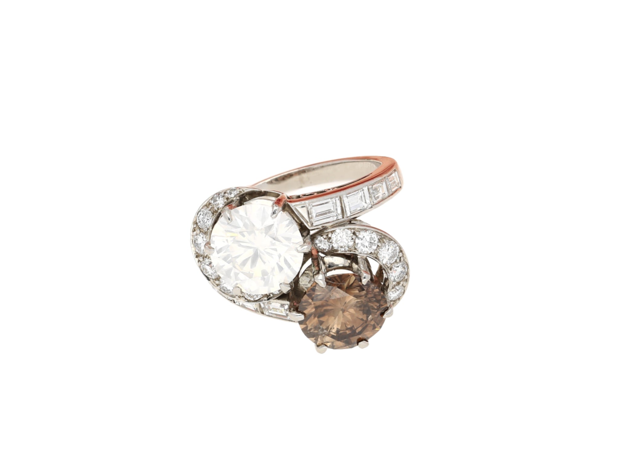GIA Certified 4.75 Carat TW Fancy Brown and White Diamond Toi Et Moi Bypass Ring in Platinum-Rings-ASSAY