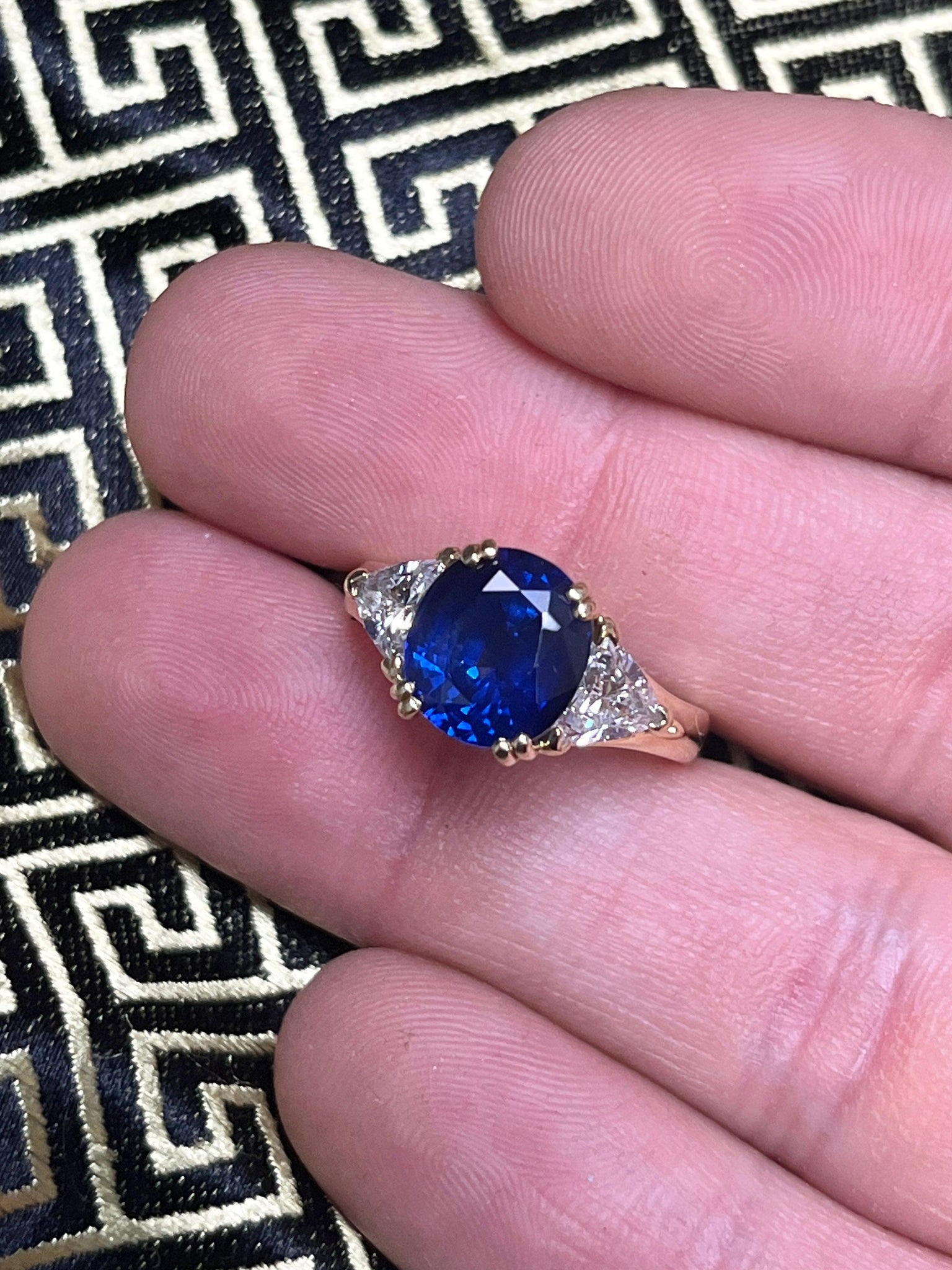 GIA Certified Oval Blue Sapphire and Trillion Diamond 3 Stone Ring in 18K-Rings-ASSAY