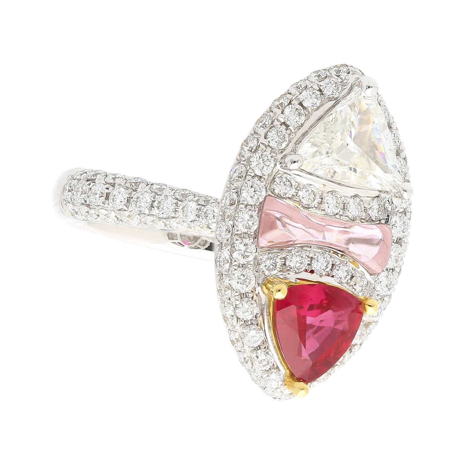 GRS Certified Trilliant Cut Burma Ruby and Diamond Long Oval Shaped Toi Et Moi Ring in 18K White Gold-Rings-ASSAY