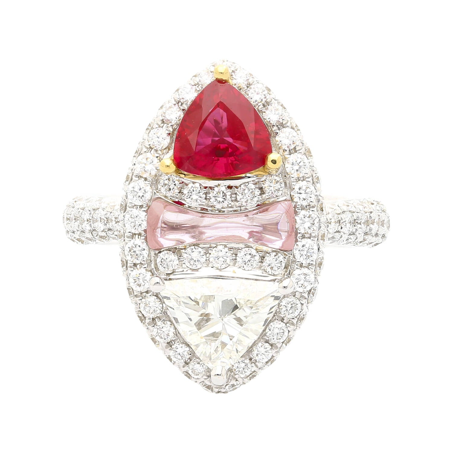 GRS Certified Trilliant Cut Burma Ruby and Diamond Long Oval Shaped Toi Et Moi Ring in 18K White Gold-Rings-ASSAY