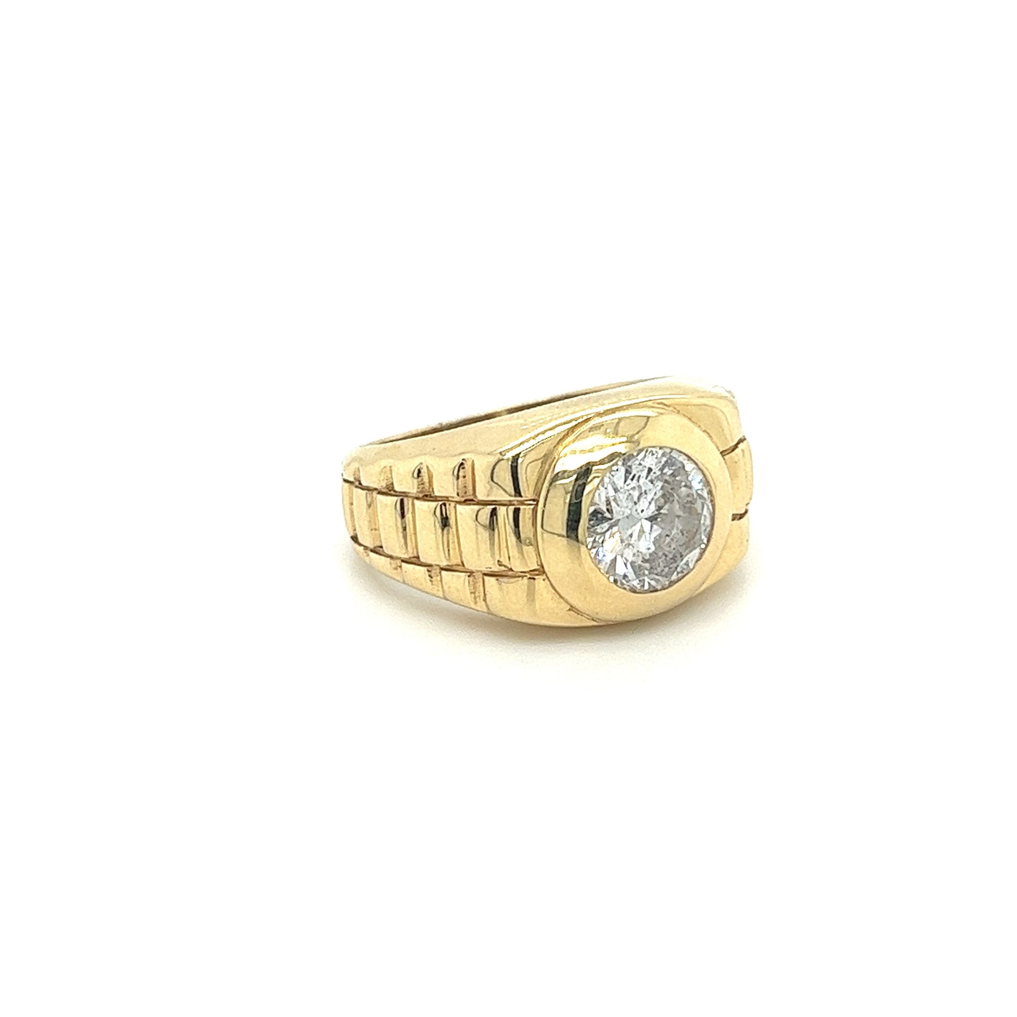 Men's Natural 1.70 Carat Round Cut Diamond In 14K Gold Bezel Set Ring-Diamond Ring-ASSAY