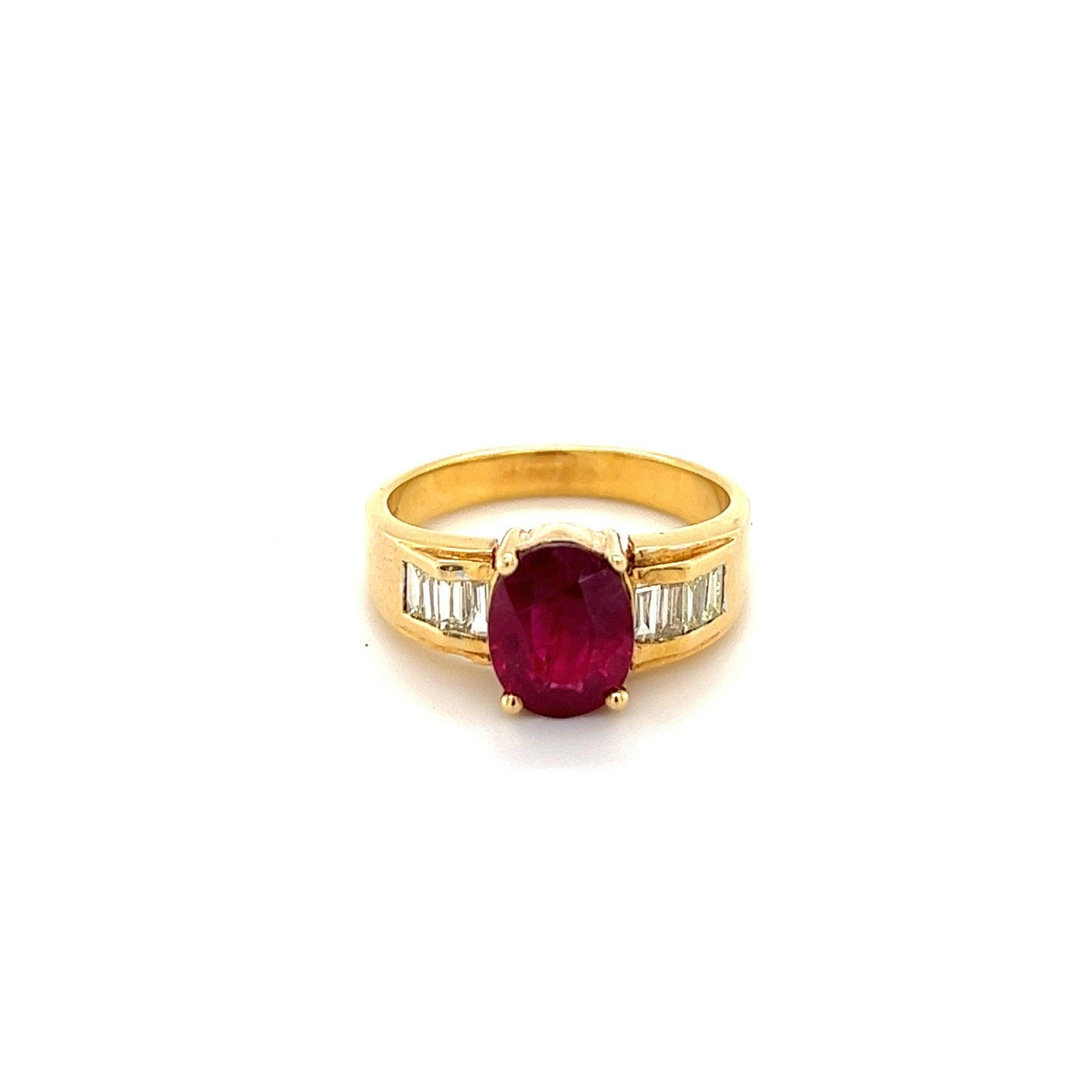 Natural 2 Carat Ruby and Baguette cut diamond Side Stones in 18K Gold Ring-Rings-ASSAY