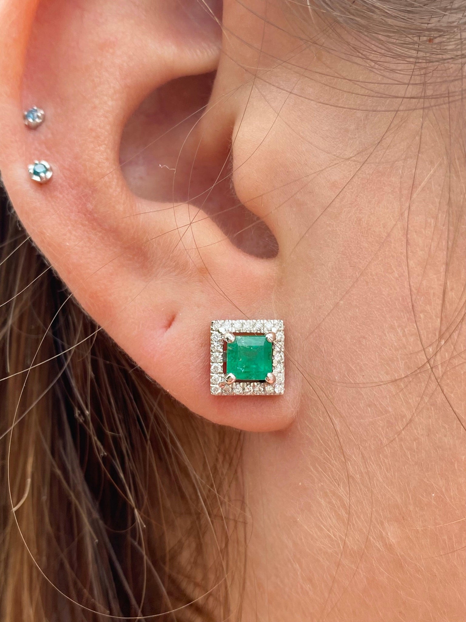 Natural Emerald Stud Earrings with diamond halo in 18k Solid Gold - ASSAY