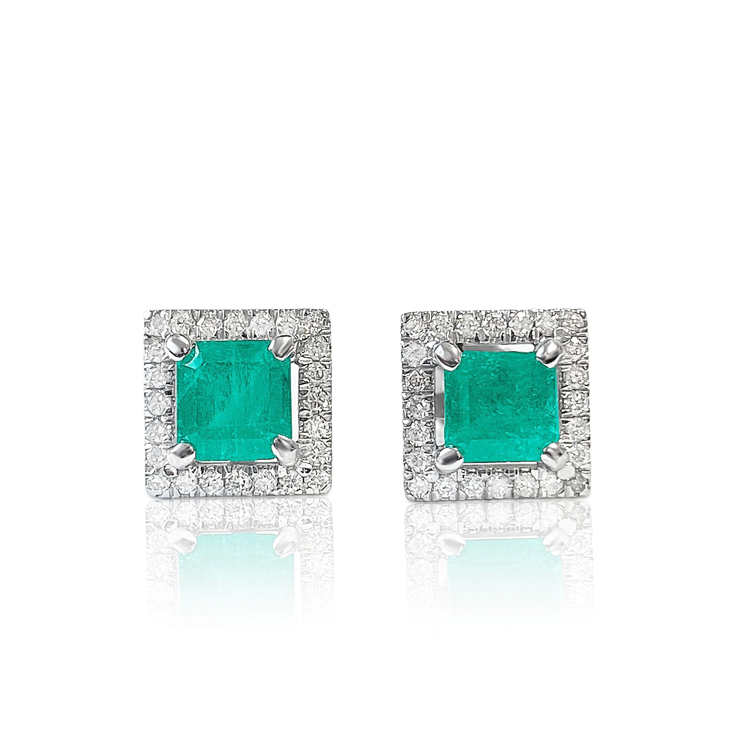 Natural Emerald Stud Earrings with diamond halo in 18k Solid Gold - ASSAY