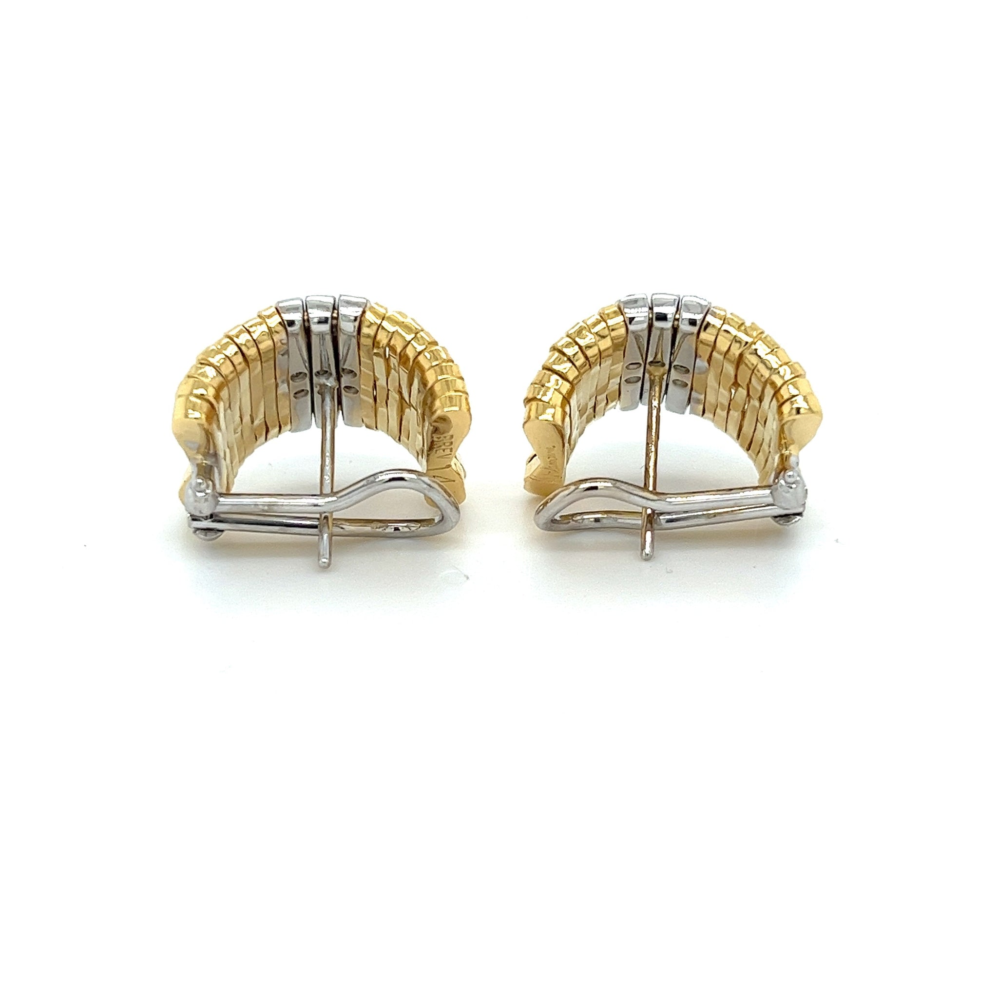 Orlandini Signed 18K Two Tone Gold Ribbed Bar Hug Hoop Earrings with Round Cut Diamonds-Earrings-ASSAY