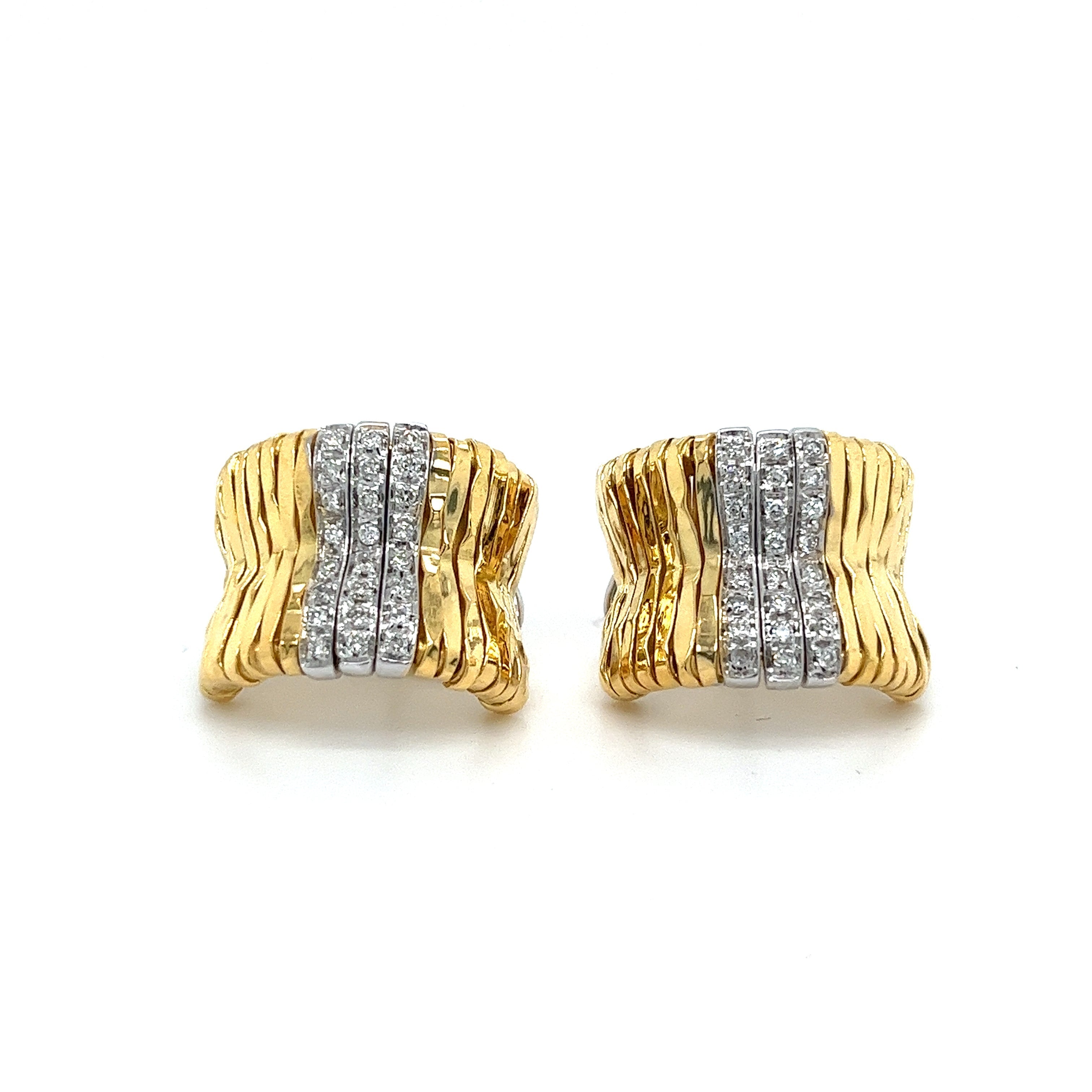 Orlandini Signed 18K Two Tone Gold Ribbed Bar Hug Hoop Earrings with Round Cut Diamonds-Earrings-ASSAY