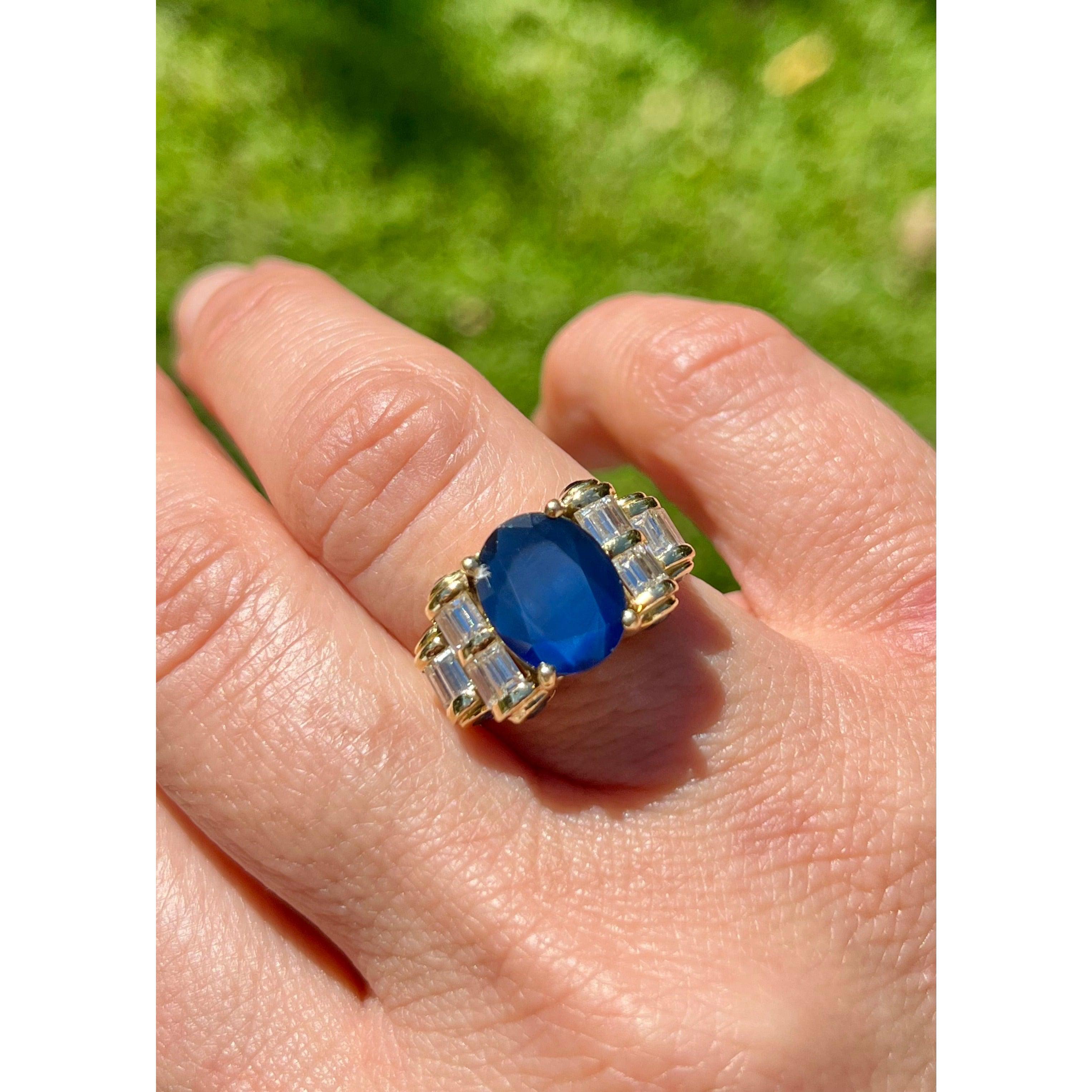 Retro Style Chanthaburi Blue Sapphire ring with Baguette Diamond Sidestones - ASSAY