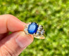 Retro Style Chanthaburi Blue Sapphire ring with Baguette Diamond Sidestones-Rings-ASSAY