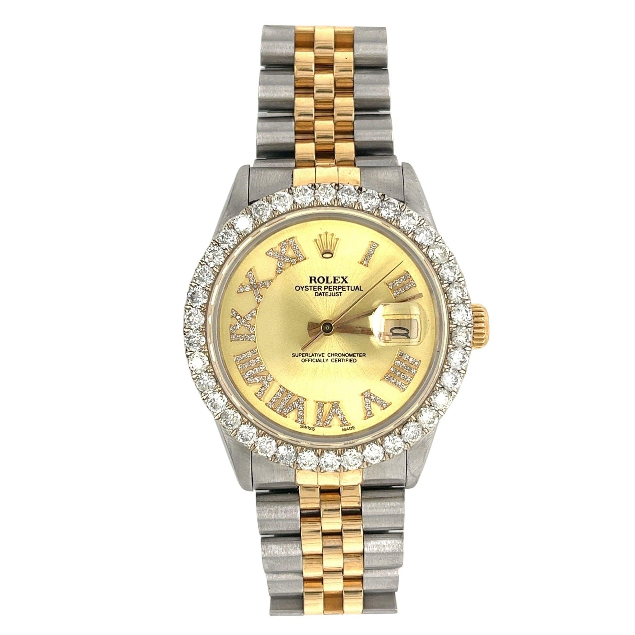 Rolex DateJust 16013 | 3 Carat Diamond Bezel and Roman Numeral Hour Marker with 36mm Dial-Watches-ASSAY