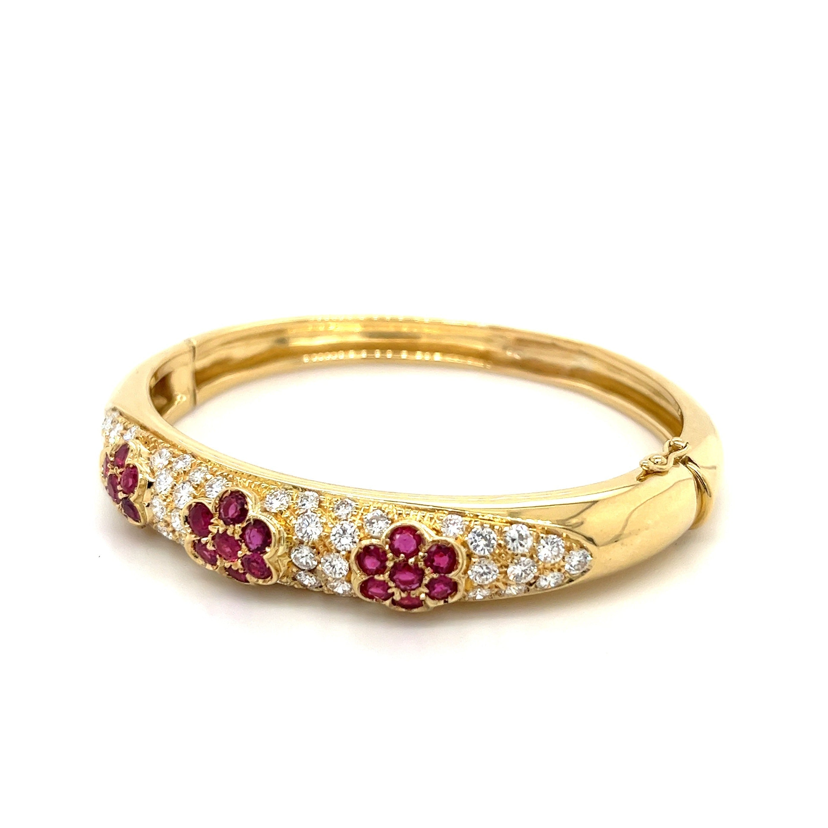 Ruby and Diamond Cluster Bangle in 18K Yellow Gold-Bangle-ASSAY