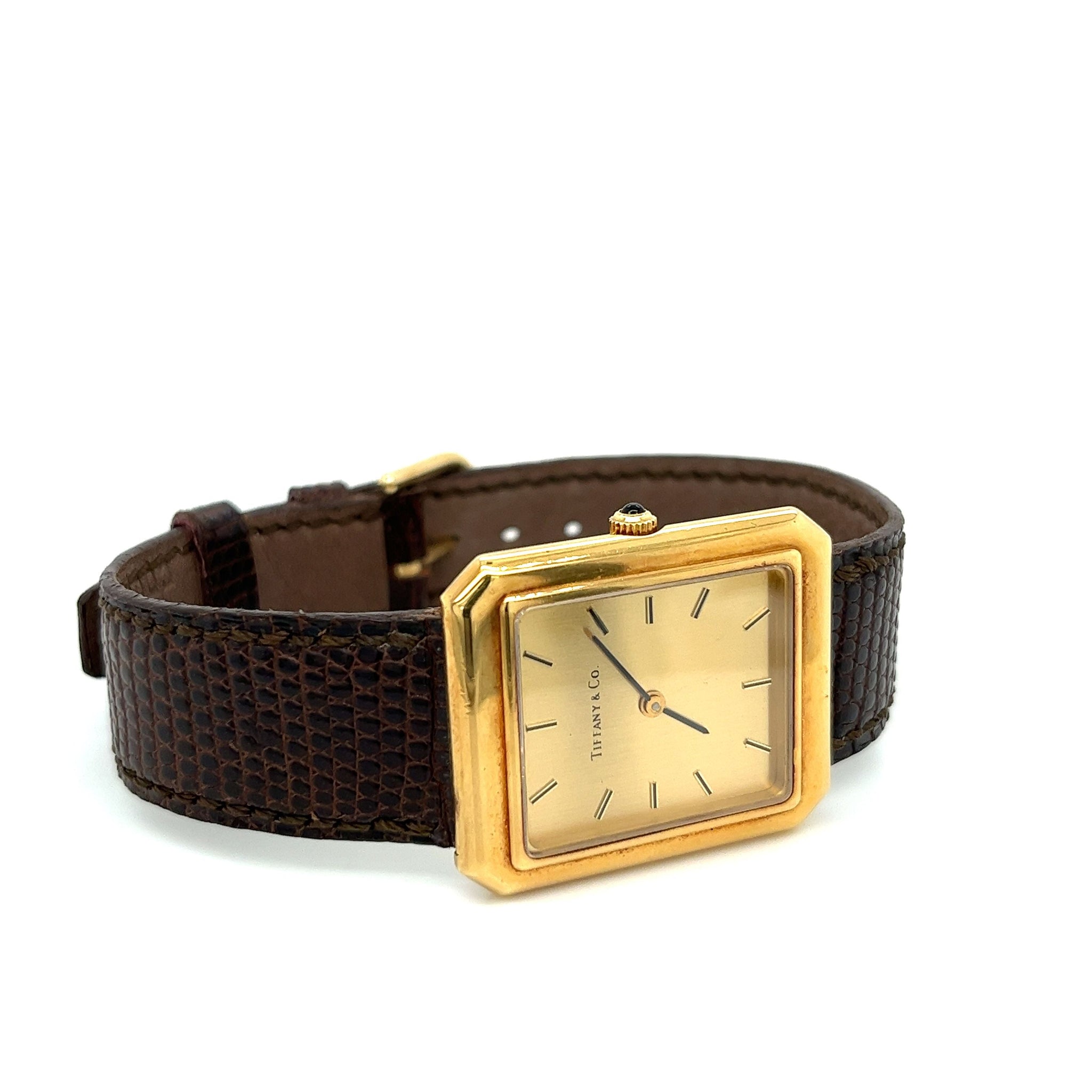 Unisex Tiffany & Co. Rectangular 18k Gold Watch with Leather Strap