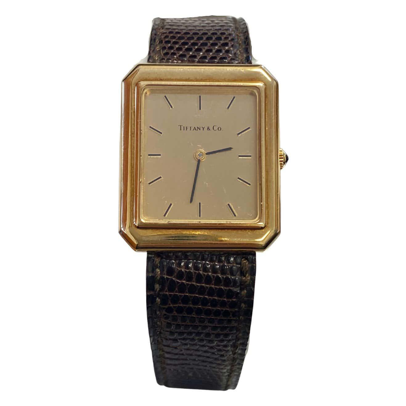 Unisex Tiffany & Co. Rectangular 18k Gold Watch with Leather Strap-ASSAY