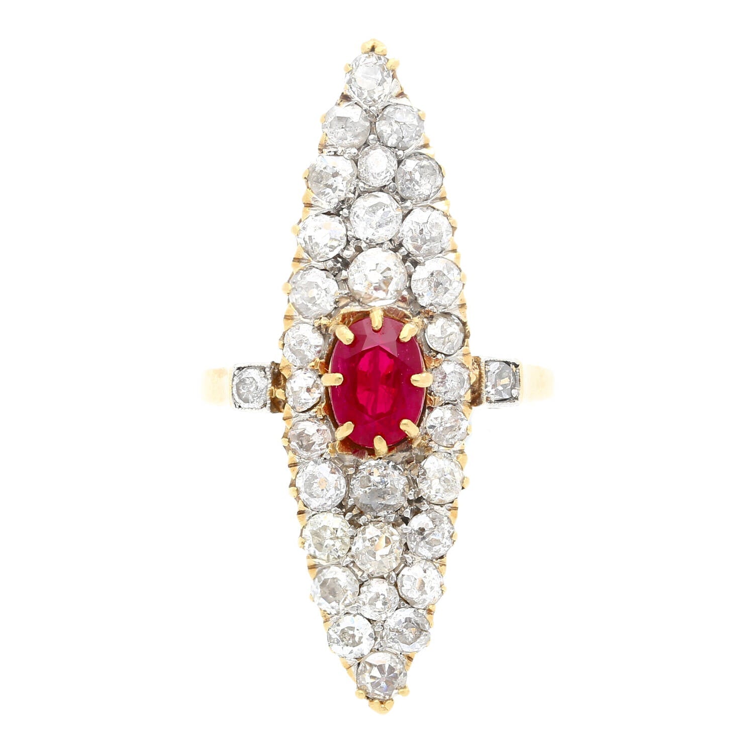 Vintage 14K Yellow Gold Old-Cut Ruby and Diamond Cocktail Long Ring-Rings-ASSAY