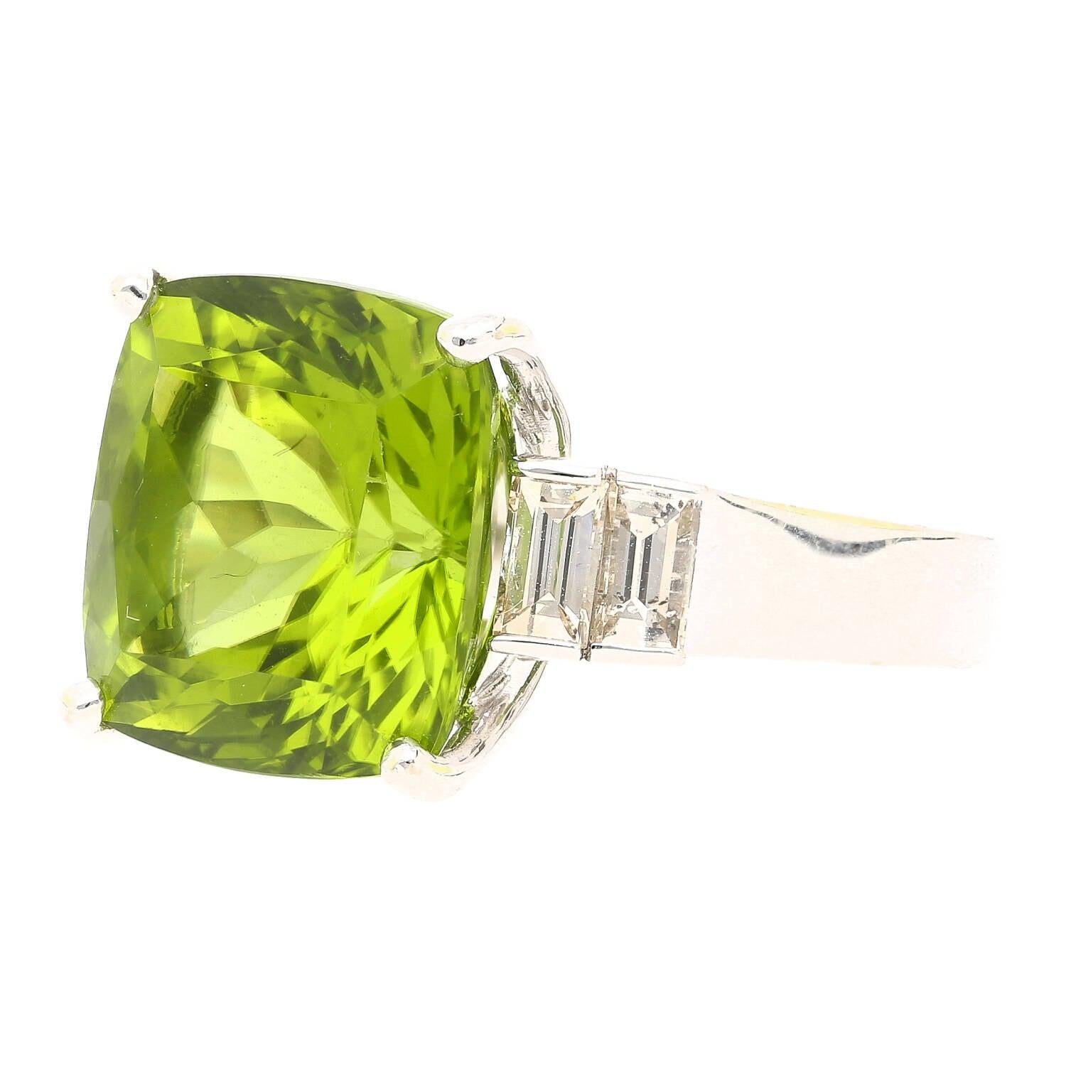 Vintage 14.11 Carat Peridot and Baguette Cut Diamond in 18K White Gold Ring-Rings-ASSAY