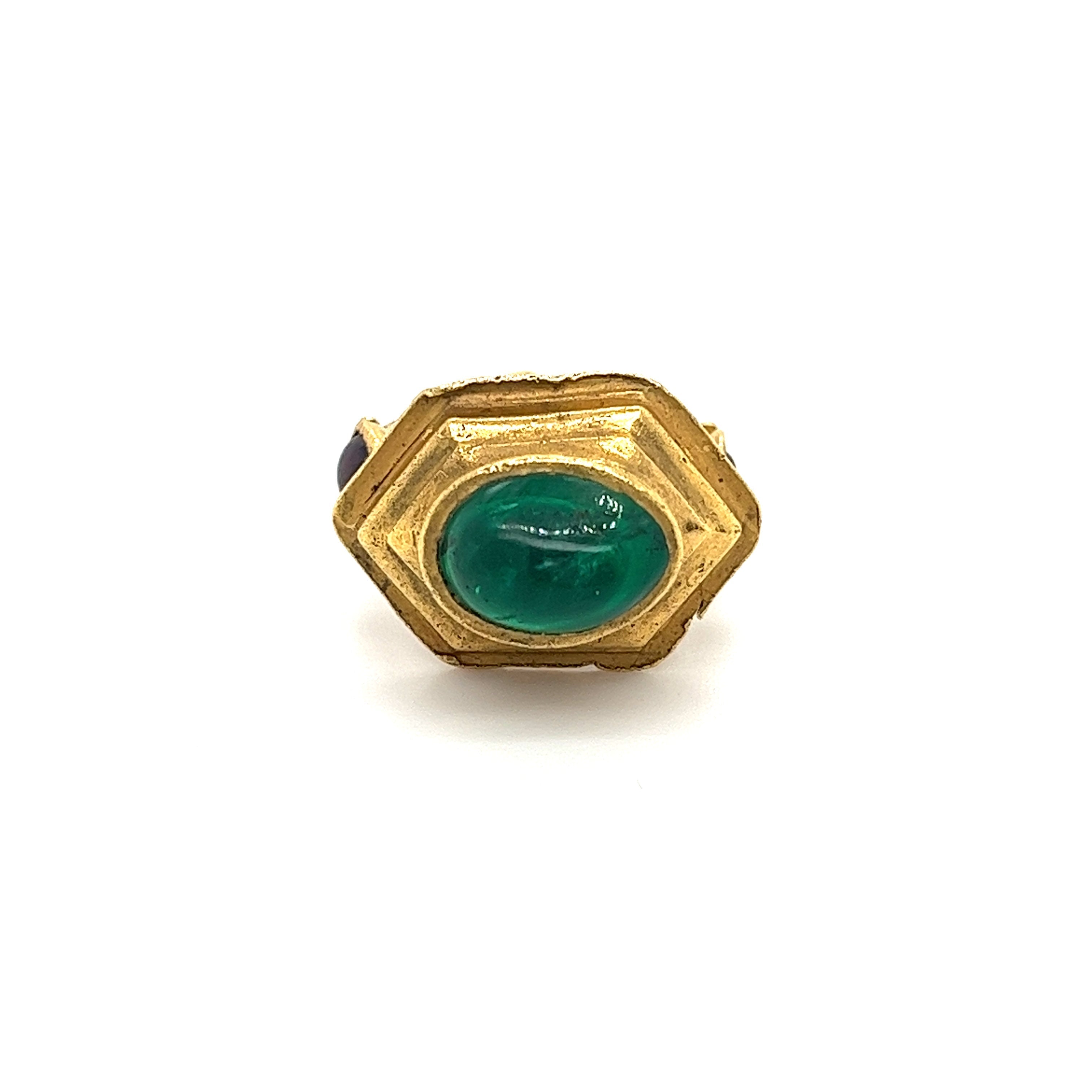 Vintage 22K Gold Egyptian Revival Cabochon Cut Emerald and Garnet Ring-Rings-ASSAY