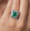 Vintage 3.31 Carat Minor Oil Colombian Emerald and Diamond Cluster Ring in Platinum-Rings-ASSAY