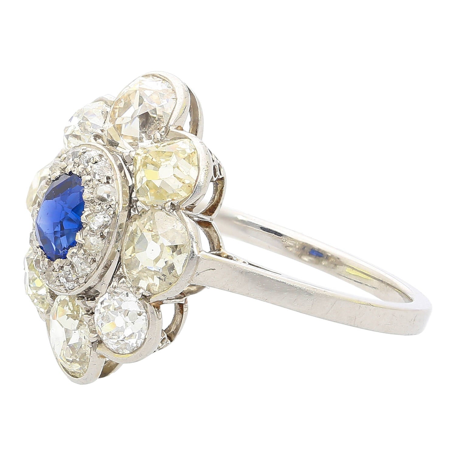 Vintage AGL Certified No Heat Burma Blue Sapphire and Old Euro Cut Diamond Ring in Platinum