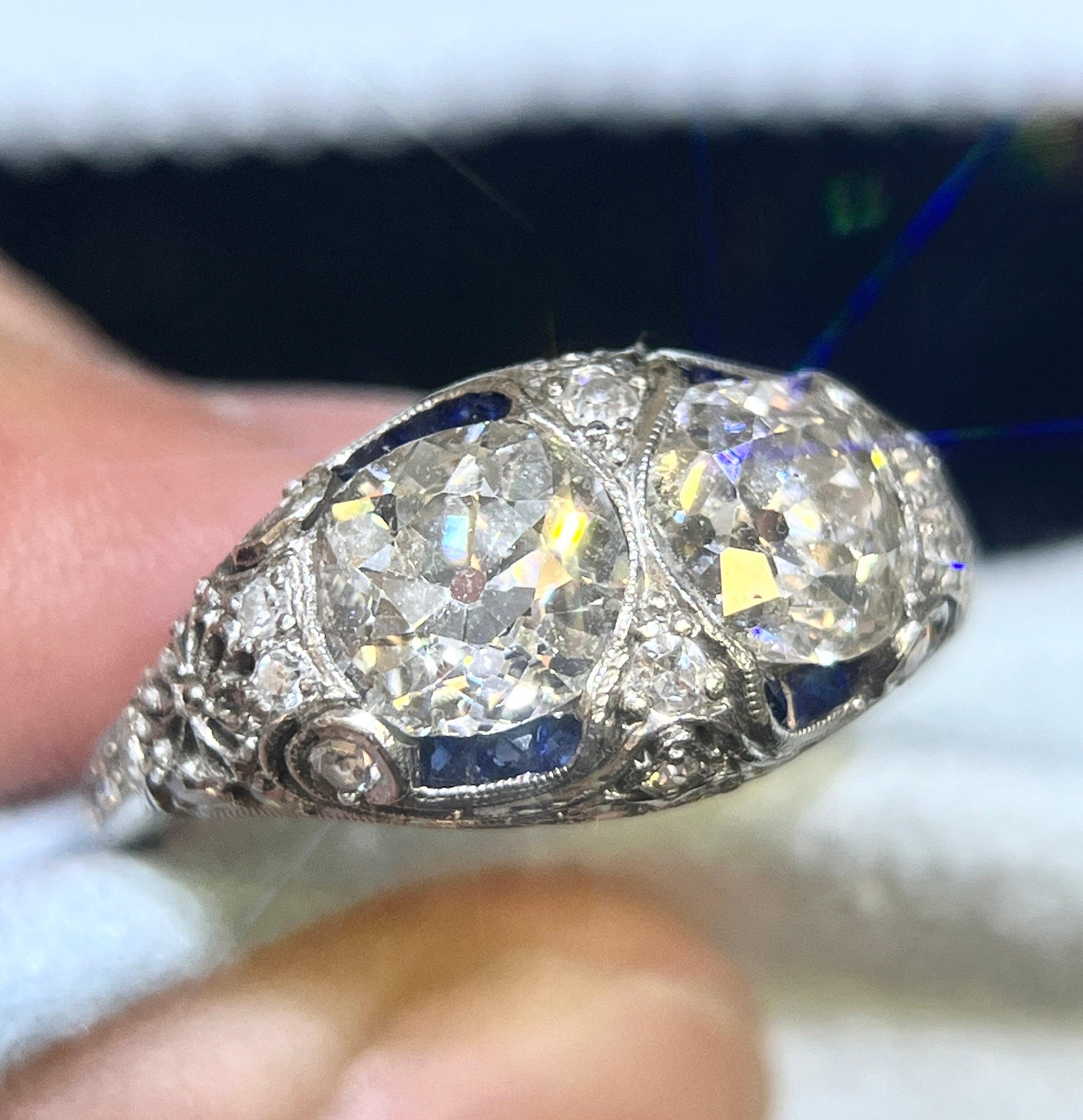 Vintage Art Deco 3 Carat Old Mine Cut Two Stone Double Diamond and Blue Sapphire Platinum Ring-Rings-ASSAY