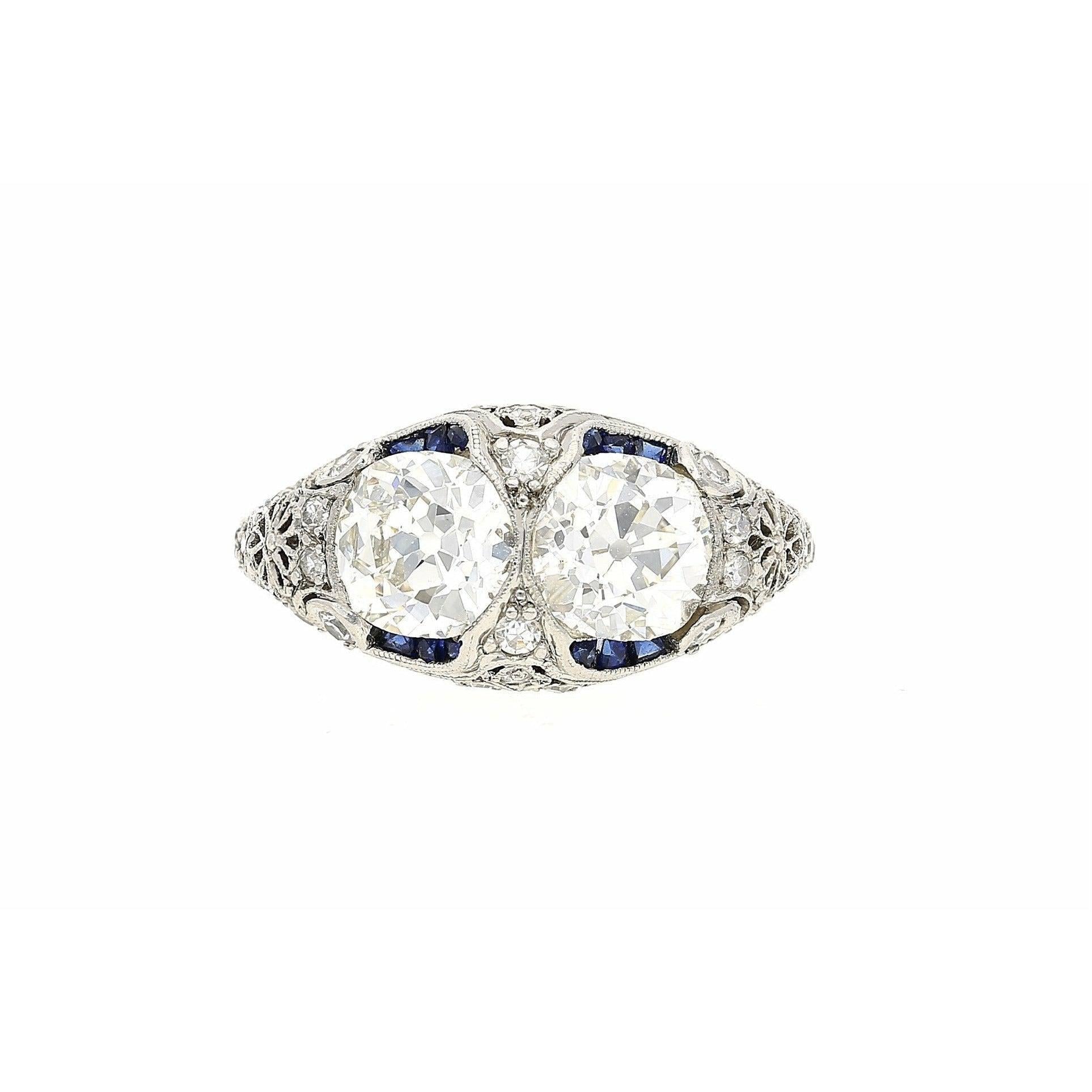1930's Art Deco vintage 1.50 carat Old Mine Cut Double Diamond and Platinum Ring - ASSAY