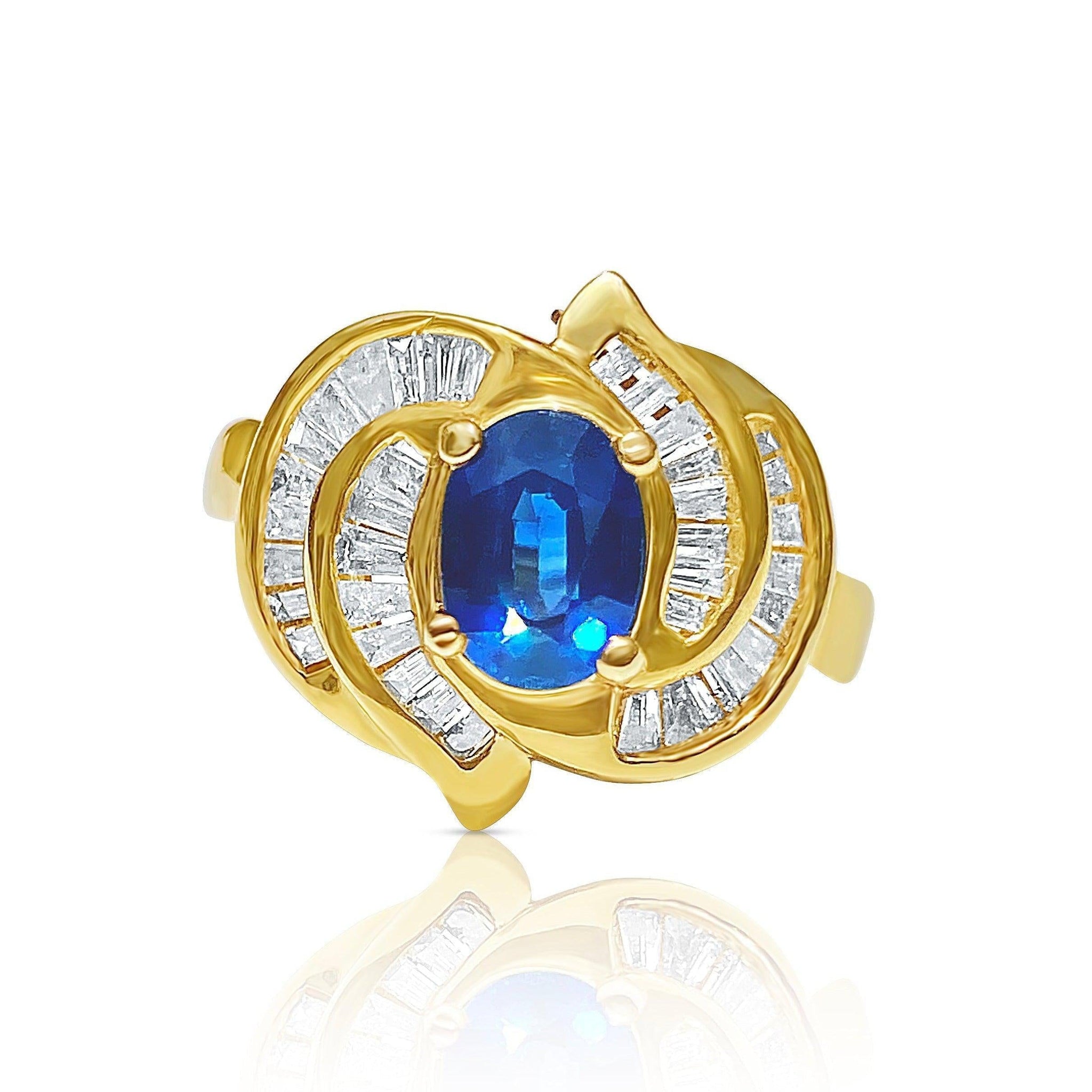 Vintage Blue Sapphire and Baguette Cut Diamond Cocktail 14k Gold Ring - ASSAY