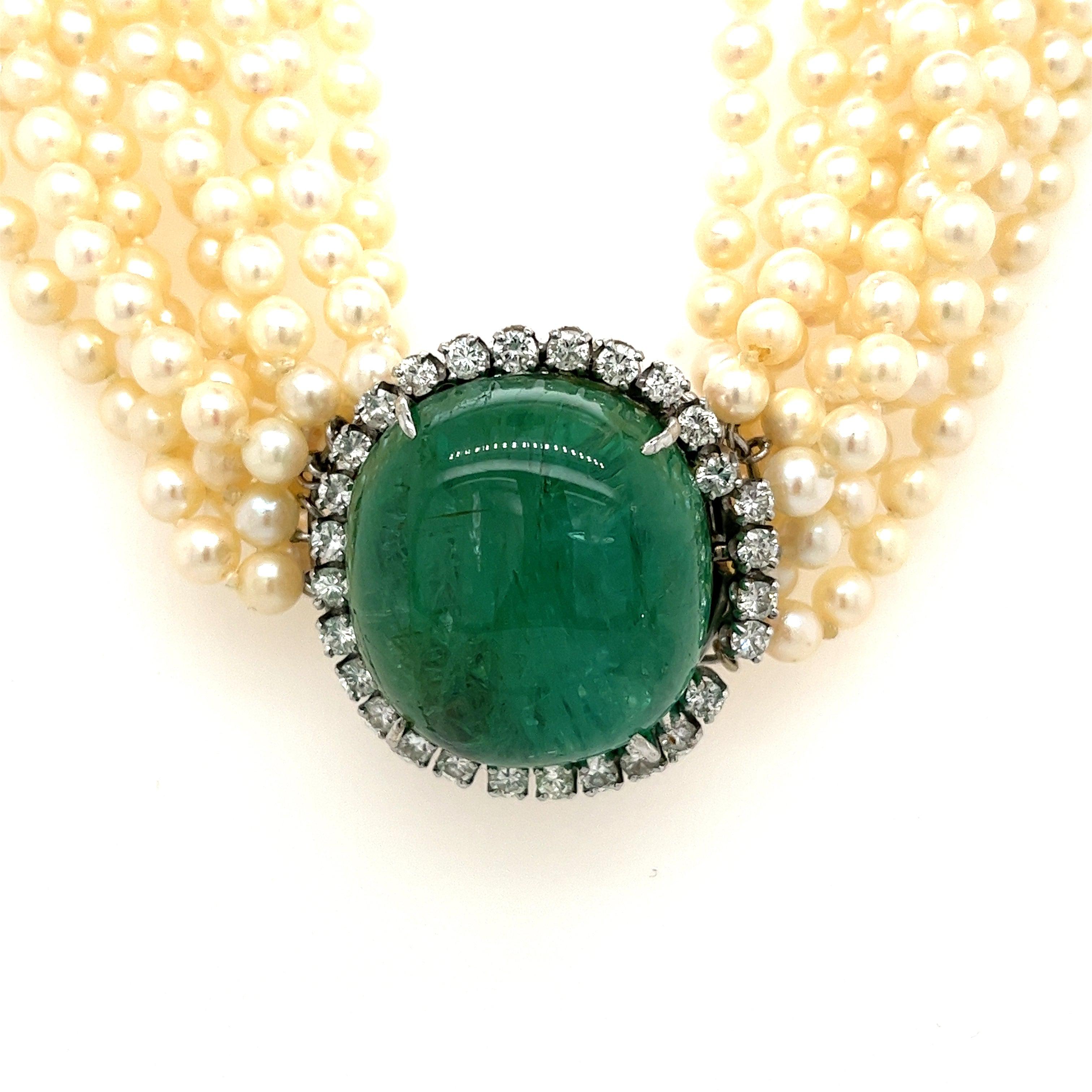 Vintage Cabochon Cut Emerald Center and Pearl Necklace | Retro & Art Deco Inspired-Necklaces-ASSAY