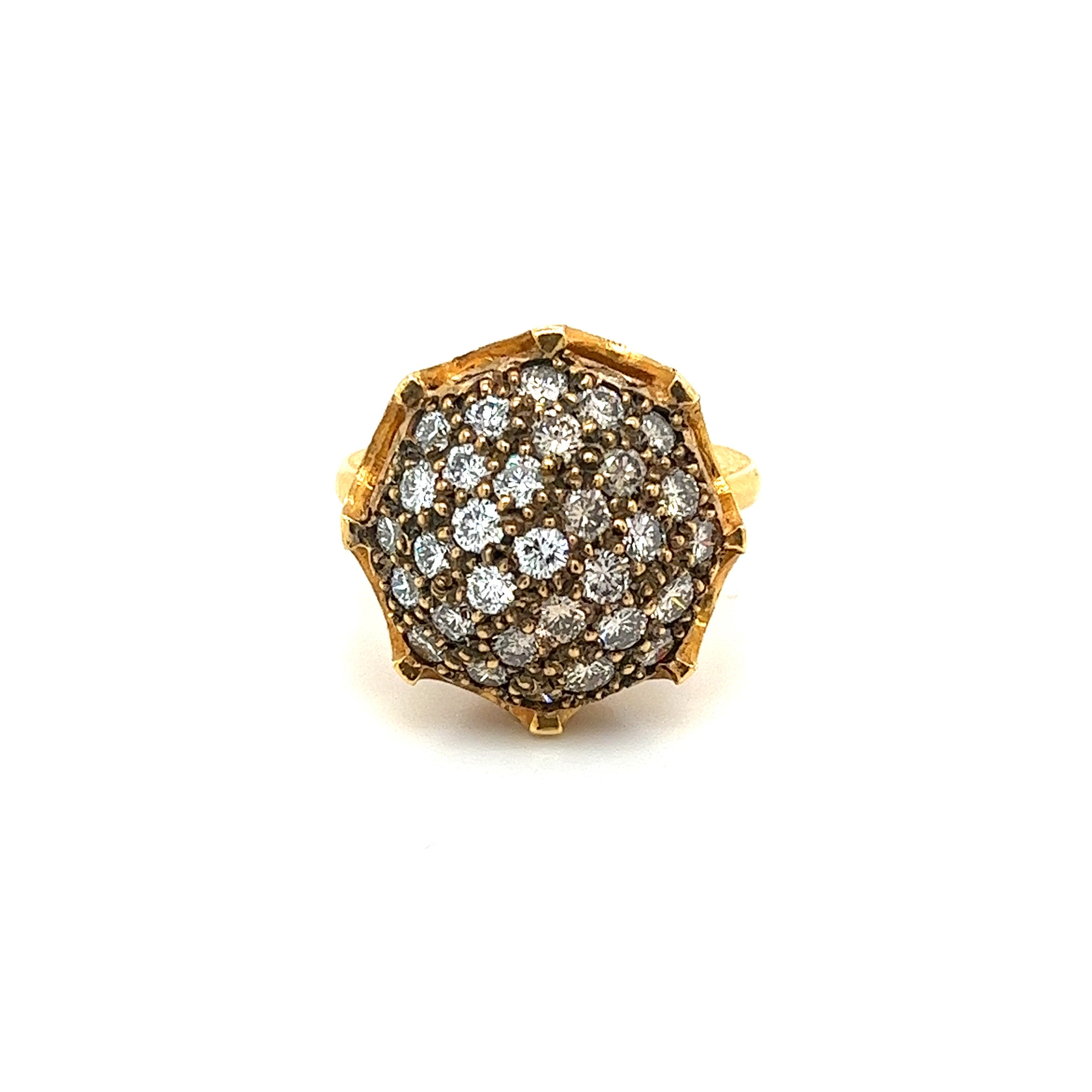 Vintage Retro 22K Carved Yellow Gold and Round Ball Diamond Cluster Ring-Rings-ASSAY